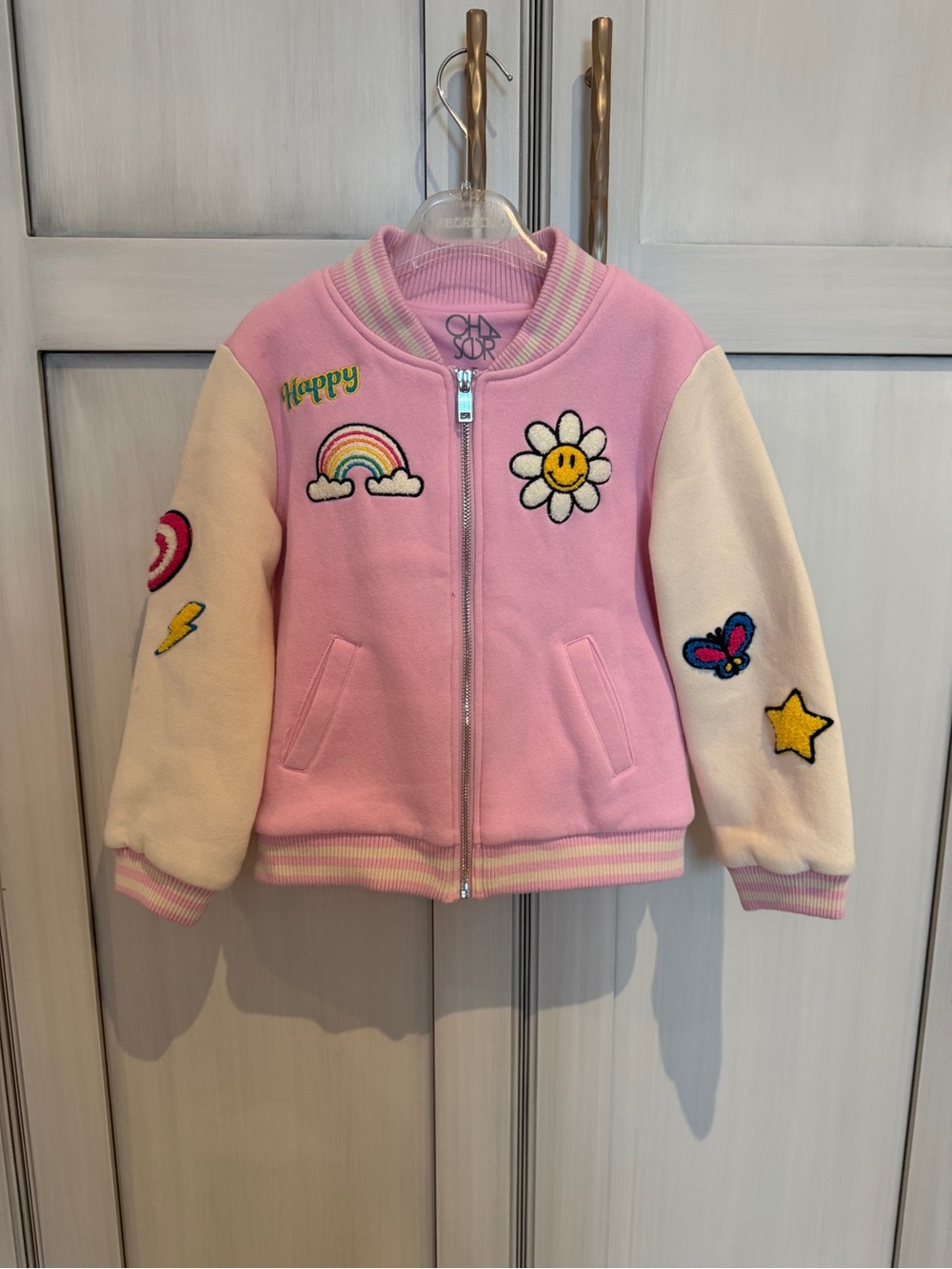 Pink Patchwork Kids Bomber Jacket with Cream Sleeves
